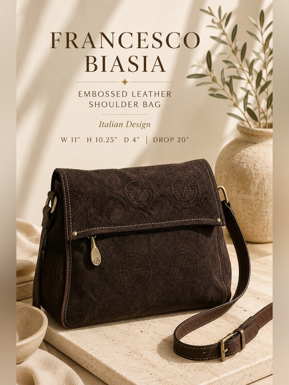 Francesco Biasia Embossed Brown Leather Shoulder Crossbody Bag